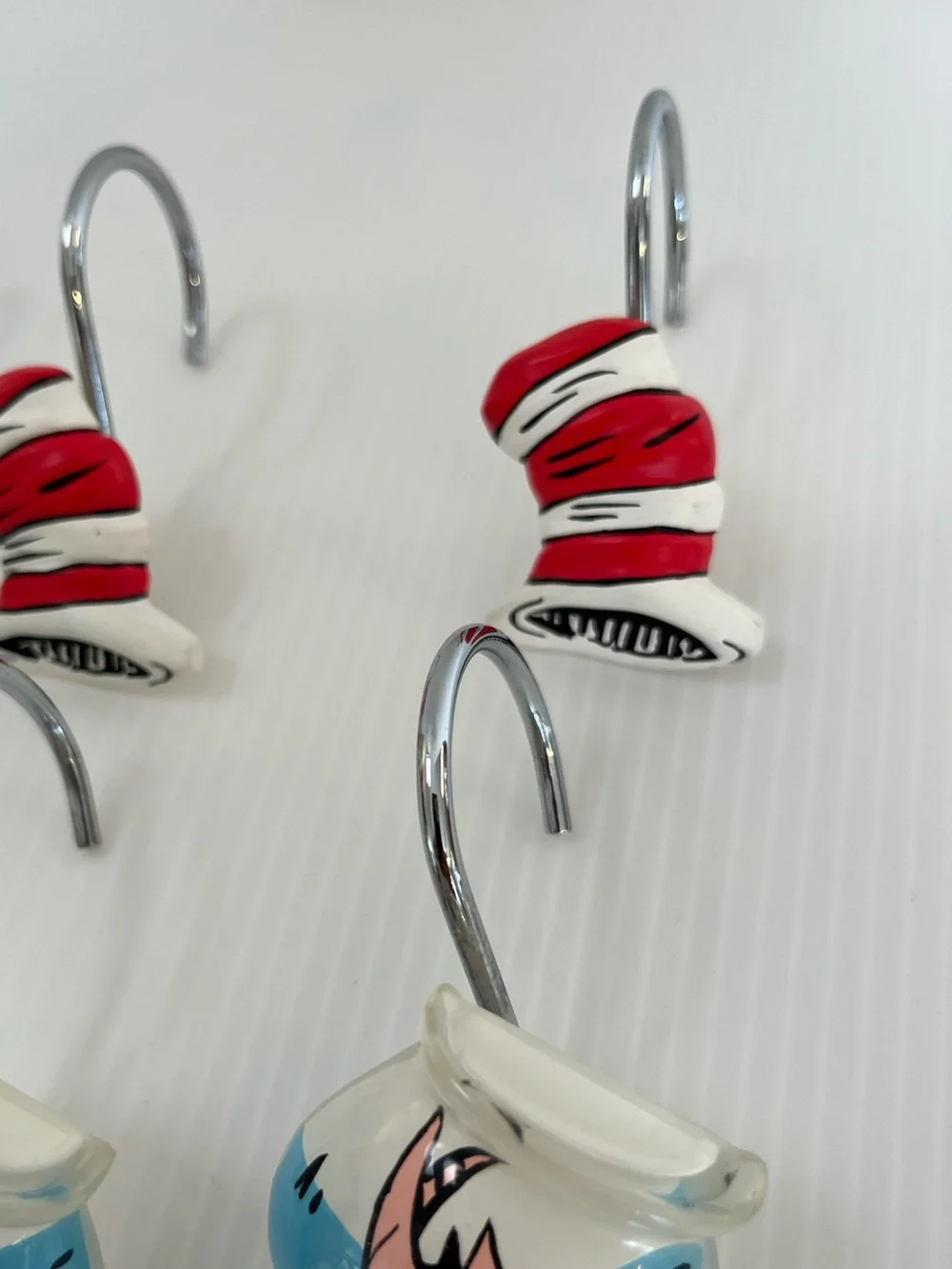 Set of 12 Dr. Seuss Shower Hooks with Red-White Hats, Pink Fish & Blue Bowls